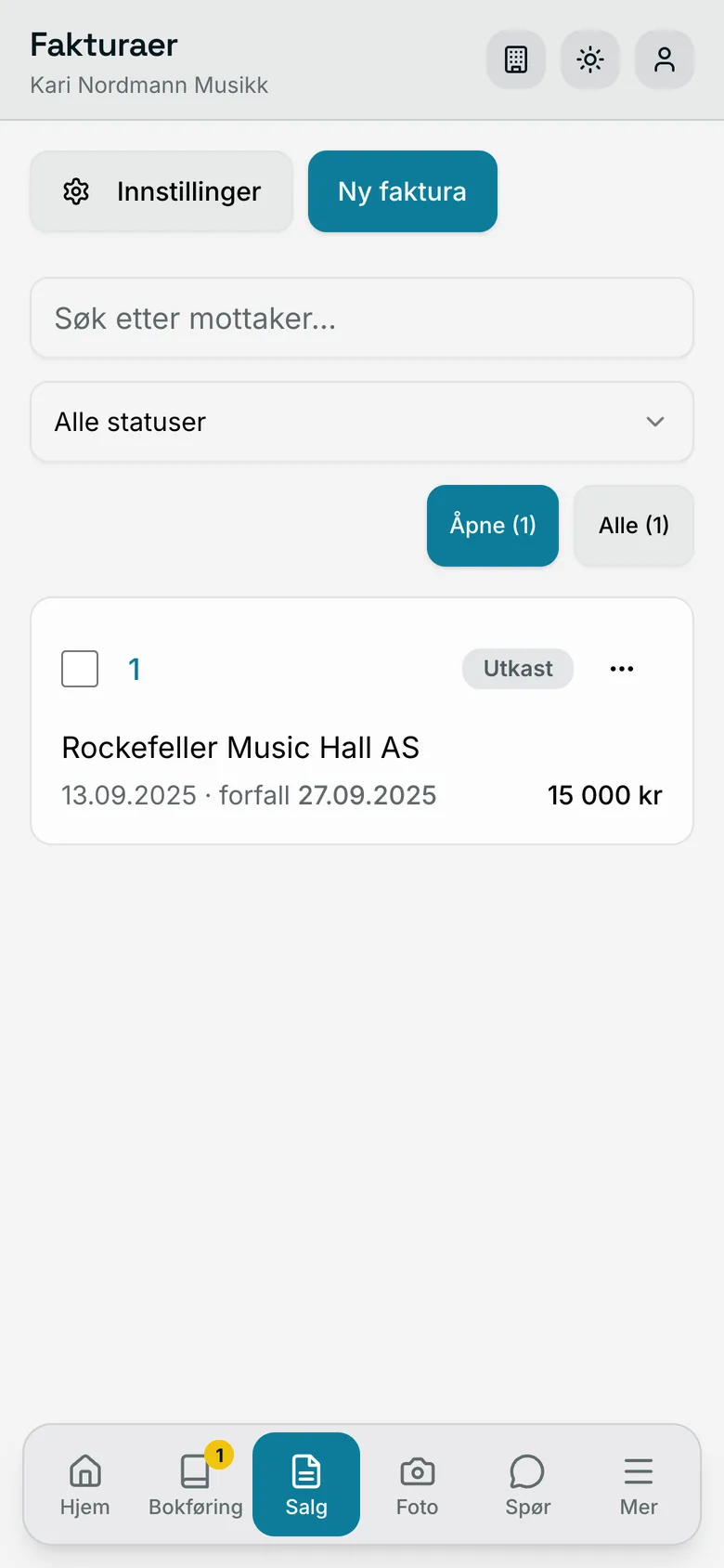 Faktura i Klapp med KID og forfall