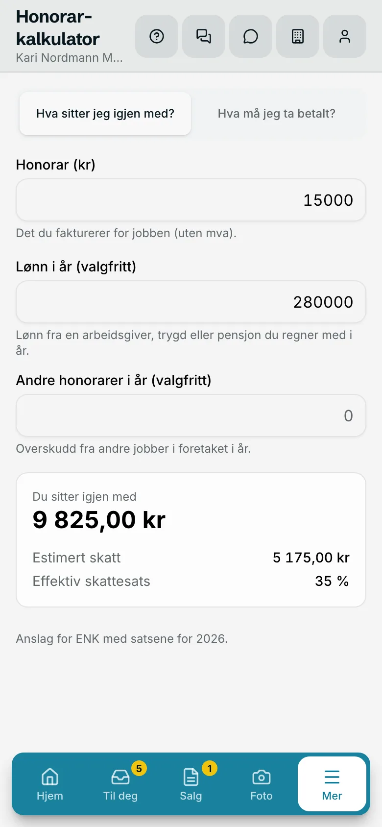 Honorarkalkulatoren i Klapp: 15 000 kr i honorar gir 9 825 kr igjen etter skatt
