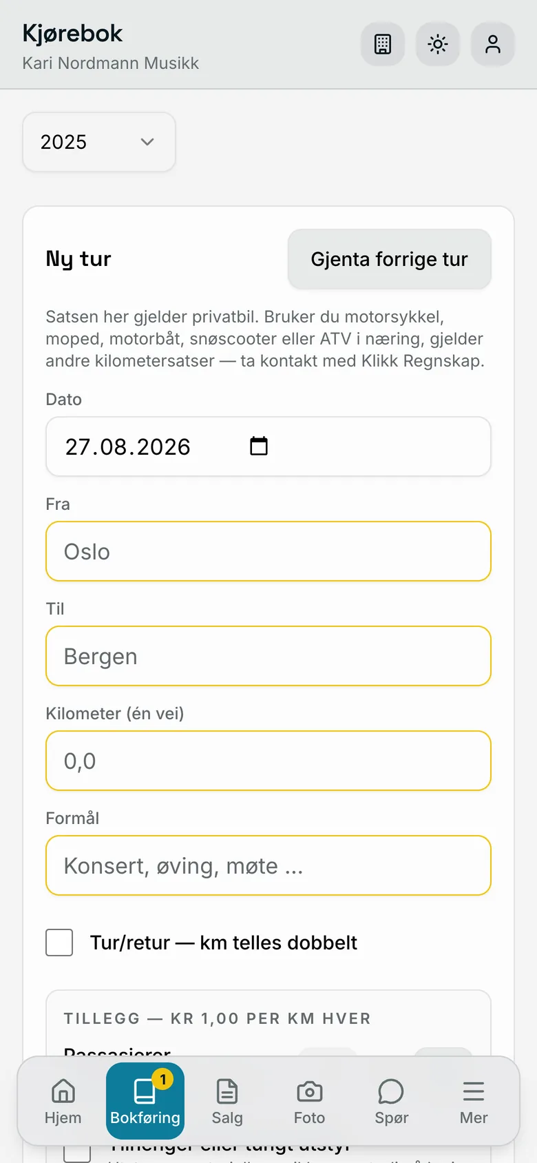 Kjørebok i Klapp med satser og tur/retur