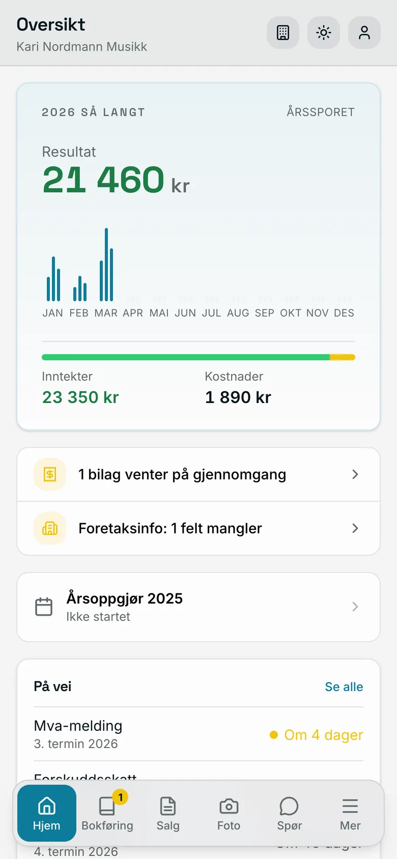 Klapp på mobil: resultatet hittil i år, frister på vei, og bilag som venter